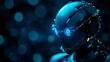 © Alpha - A humanoid robot with glowing blue eyes bound by metallic chains engraved with human rights symbols, dark cyberpunk cityscape in the background, cyberpunk, monochromatic, digital illustration, dramati