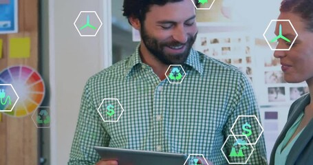 Poster - Animation of ecology icons over diverse colleagues using tablet in office