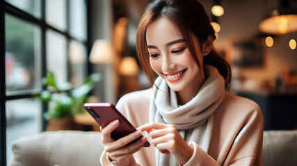 A young woman with a bright smile, using her cell phone in a cozy indoor setting.