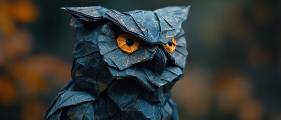 A closeup of a black origami owl head, with piercing yellow eyes, against a deep gray background