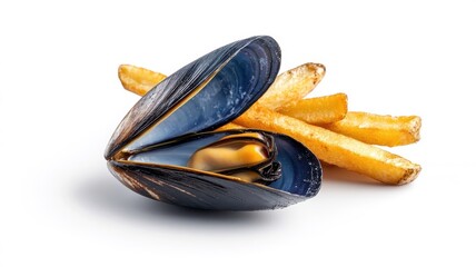 Wall Mural - Moules-frites isolated on a clean white background, highlighting its texture and presentation.