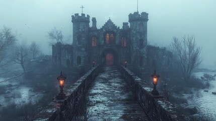 A spooky castle with a drawbridge and eerie lighting, perfect for Halloween themes, on a white background