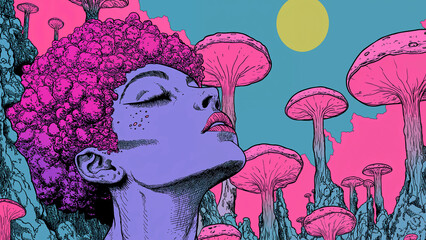 Woman with pink hair in abstract psychedelic mushroom  landscape, Dreamy imagination or surreal entheogenic mystical concept