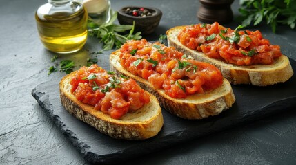 Fresh tomato bruschetta on rustic background