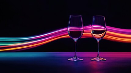 Vibrant neon light trails wine glasses on dark background