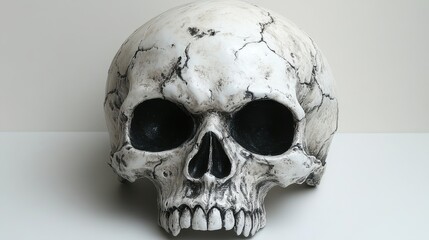 A spooky Halloween mask resembling a skull, with hollow eyes and sharp teeth, isolated on a white background