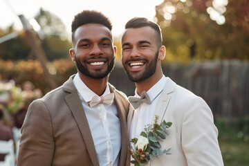 Lgbt wedding of two happy satisfied multiethnic gay couple