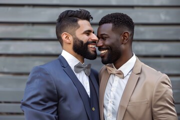 Lgbt wedding of two happy satisfied multiethnic gay couple