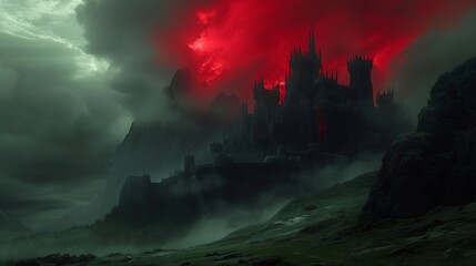 Wall Mural - A dark and foreboding castle stands tall against a backdrop of red clouds and a green, misty landscape.