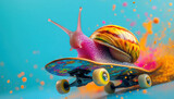 Colorful snail riding a skateboard on a bright blue background