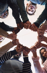 Poster - Students, circle and happy with hands, fist bump and portrait for link, connection or group at college. People, diversity and low angle with smile, learning and solidarity for education at university