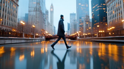 A man walking in the rain on a city street, AI