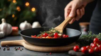 Wall Mural - Currants cooked in a skillet with spices, showcasing a flavorful dish.