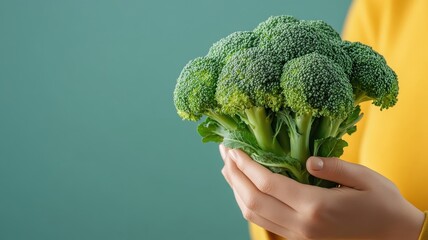 Wall Mural - Single broccoli isolated on a bright, colorful background, emphasizing its vivid green color.