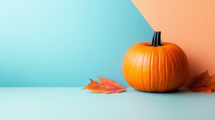 Wall Mural - Single pumpkin isolated on a bright, colorful background, emphasizing its round shape.