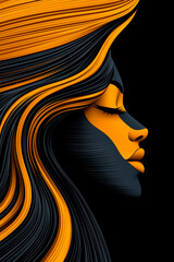 Canvas Print - A woman's face is shown in black and orange. The woman's hair is long and flowing, and her eyes are closed. The image has a moody and mysterious feel to it