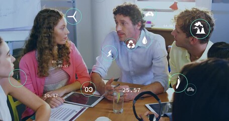 Poster - Animation of ecology icons over diverse colleagues at meeting in office