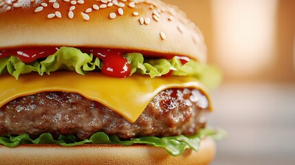 Canvas Print - A close up of a hamburger with cheese and ketchup, AI