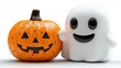 © sa-photo - Cute ghost with a smile, holding a pumpkin, white background