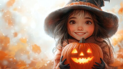 Cute witch holding a pumpkin, Halloween decorations, white background