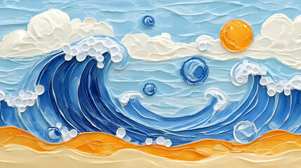 Wall Mural - Abstract Ocean Wave Painting with Sun and Clouds