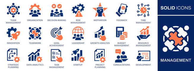 Management icon set. Collection of growth chart, teamwork, data analysis and more. Vector illustration. Easily changes to any color.