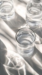 Poster - glasses of water with sunlight reflections on white surface, minimalism and purity concept
