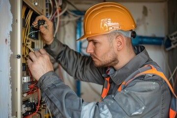 Side view Electrician man installing electric switchboard system, professional in work process