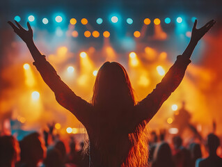 Silhouette Photo - Woman with Raised Arms at Concert, Enjoying Music Festival with Crowd and Stage Lights