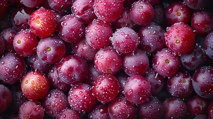 A bunch of grapes with water droplets on them. The grapes are red and shiny. Concept of freshness and abundance