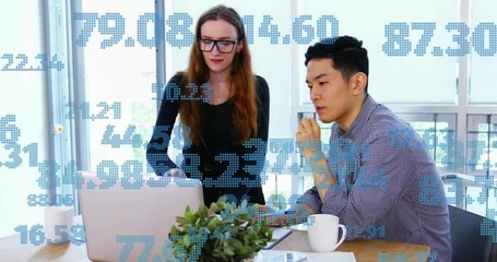 Wall Mural - animation of data processing over diverse colleagues talking in office