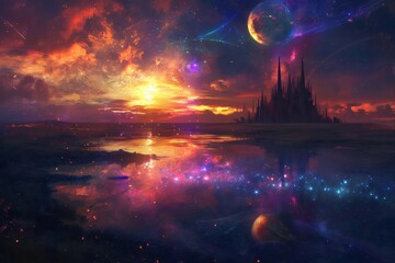 A futuristic city skyline at sunset reflected in a water body with a bright sky full of stars and planets.