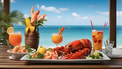 A beachfront restaurant setting with grilled lobster, shrimp, and fish alongside two tropical cocktails, with a serene ocean backdrop --ar 3:2 --v 4