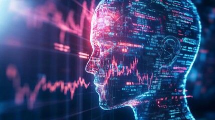 Poster - A futuristic digital representation of artificial intelligence and data analytics, illustrating technology's impact on humanity.