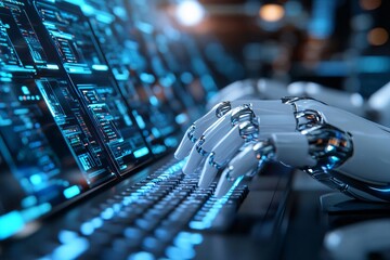 Poster - A futuristic robot hand typing on a keyboard, symbolizing advanced technology and artificial intelligence.