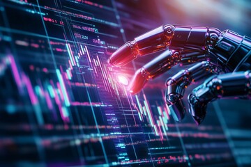 Poster - A futuristic robotic hand interacting with digital financial data, symbolizing technology and innovation in trading.