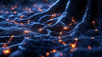 Poster - A mesmerizing close-up of glowing blue fibers intertwining with shimmering orange sparks, creating a captivating abstract scene.