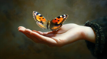 Wall Mural - Butterfly on a Hand Symbol of Hope and Freedom