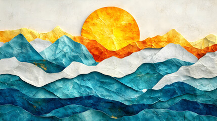 Wall Mural - Sunset Mountains Abstract Art Paper Texture Layered Landscape Design