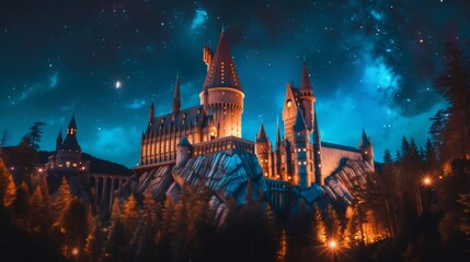 Wall Mural - A grand stone castle with glowing windows sits atop a rocky cliff at night under a starry sky.