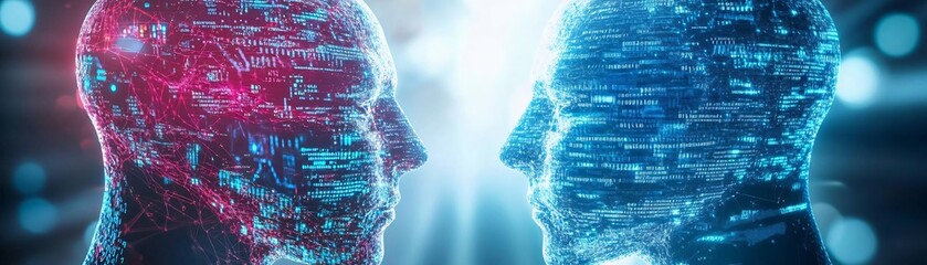 Poster - Futuristic digital concept featuring two abstract heads with glowing data patterns, symbolizing technology and communication.