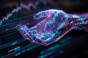 Poster - Futuristic digital hand holding data visualization elements, representing technology and innovation in a modern digital world.