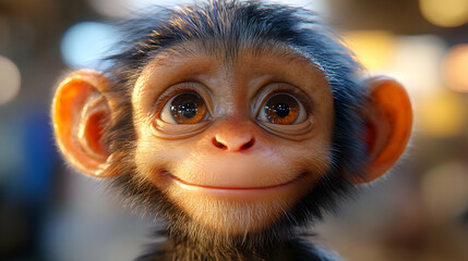 Cute Baby Chimpanzee Portrait with Big Eyes and Happy Expression