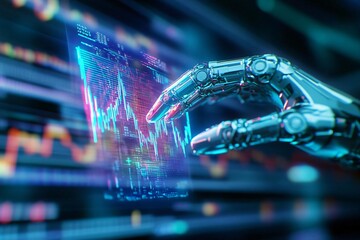 Poster - Futuristic robot hand interacting with digital stock market data, illustrating the intersection of technology and finance.