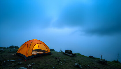 Wall Mural - A camp tent established on a hill overlooks a misty mountainous landscape.