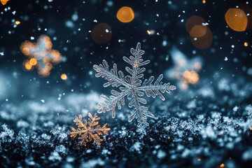 Wall Mural - snowflakes are falling on a snow covered surface with a dark blue background and bokeh. the image ev