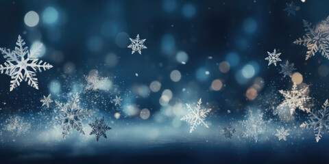 Wall Mural - snowflakes are falling on a snow covered surface with a dark blue background and bokeh. the image ev