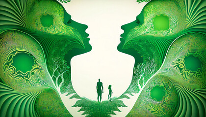 Wall Mural - Abstract background of human-nature relationship with in green tones	