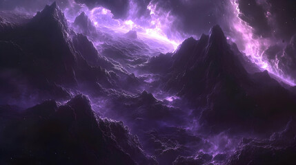 Wall Mural - Purple Nebula Over Mountains Fantasy Landscape Space Art Sci fi Scenery Digital Art Abstract Background