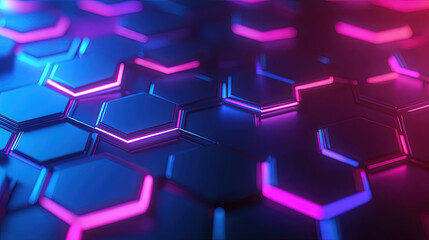 Canvas Print - Abstract background with glowing hexagons. Abstract digital futuristic pattern. Close-up of hexagonal patterns. Abstract neon glowing hexagons background. High-tech designs. Modern tech. Copy space